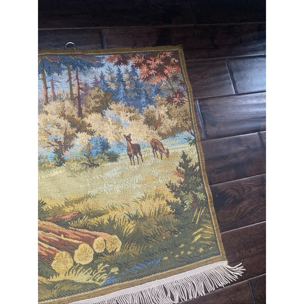 Vintage Deer Forrest Cabin Wall Hanging Tapestry 53 x 25" Hunting Scene - Picture 8 of 16